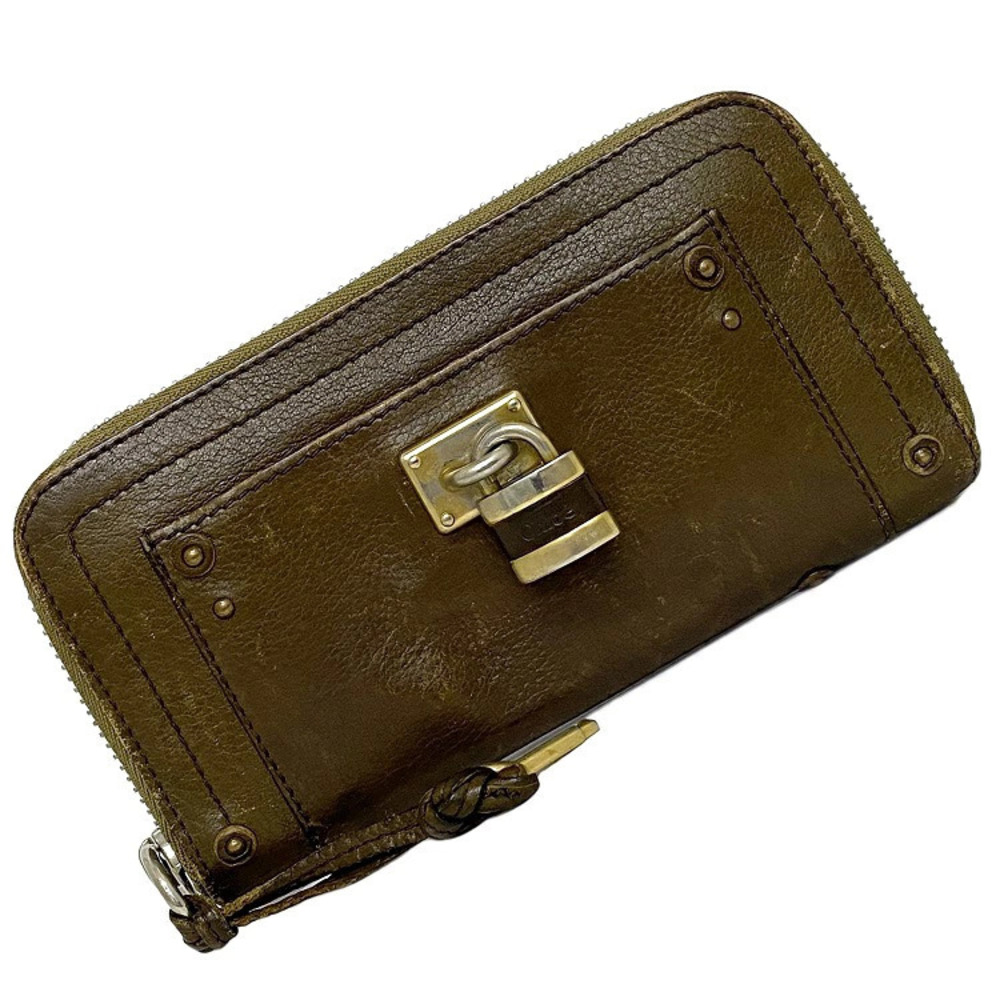 Chloe Round Zipper Long Wallet Paddington Leather Key Lock Padlock Brown